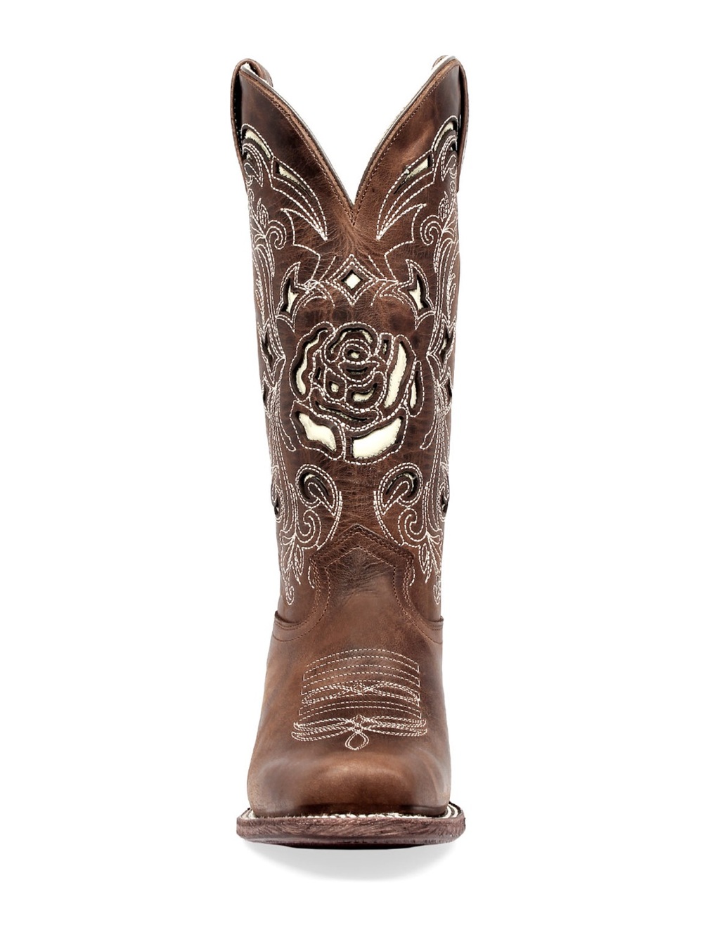J.B. Dillon Brown Leather Embroidered Heeled Cowboy Boots with Cream Inlay